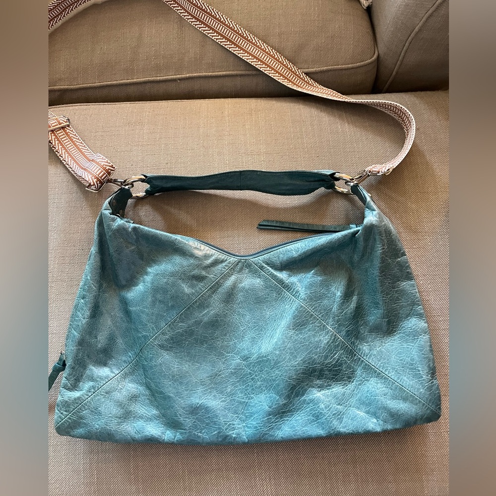 Vintage Hobo Brand Leather shoulder Bag GORGEOUS color teal with added crossbody